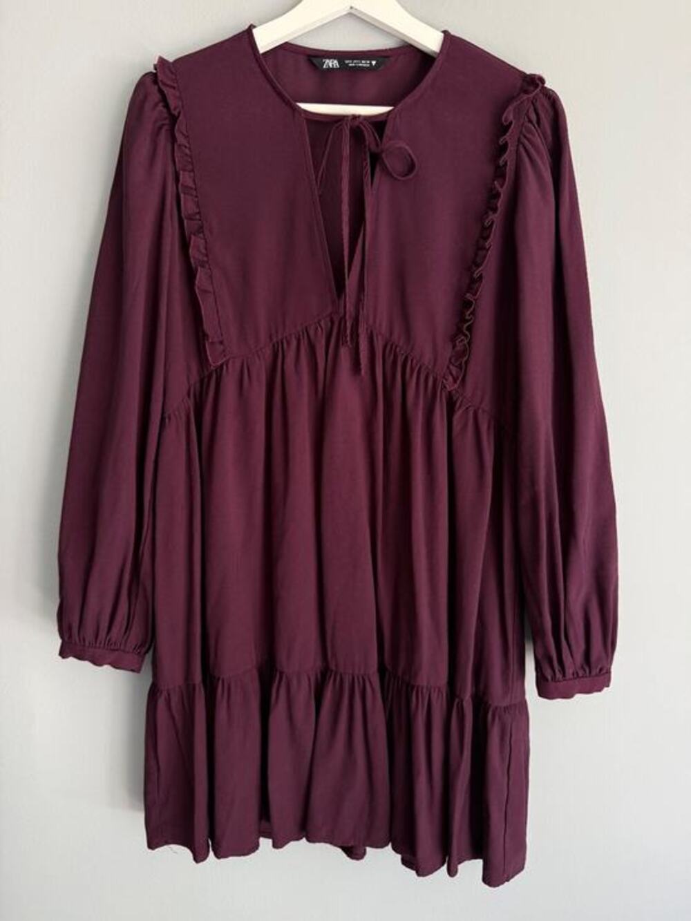 Zara Women's S Plum Tiered Babydoll Mini Dress Tie Neck Ruffle Boho Coquette